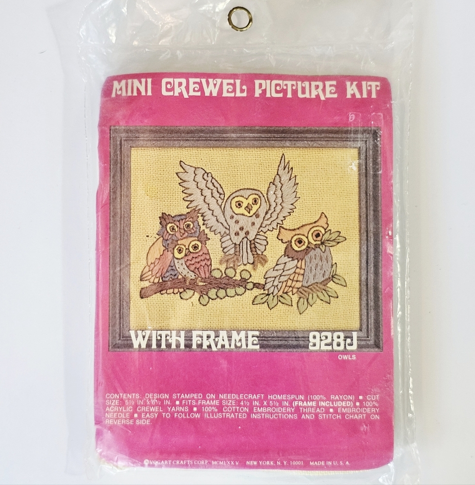 Vintage Mini Crewel Picture Kit with Frame Owls